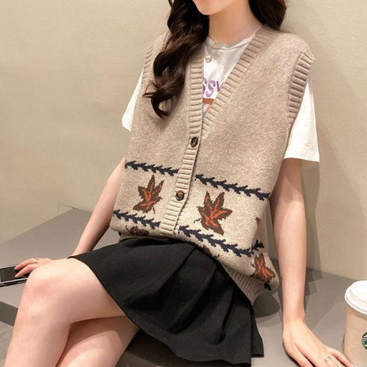 Spring and Autumn Fashion Knitted Vest Cardigan Loose and Versatile Tops Fashion Jacquard Women Sweater