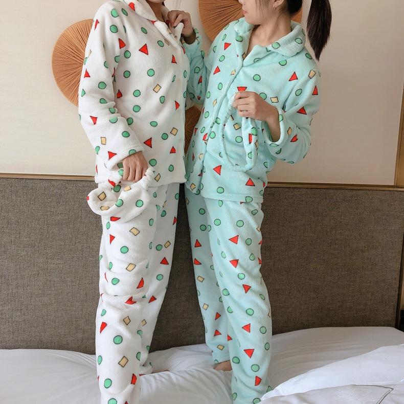 Flannel Cartoon Cute Pajamas Suit Women Winter Coral Fleece Homewear Autumn Thickening Sleepwear Set Geometry Winter Warm Nightwear Top and Pant Sets