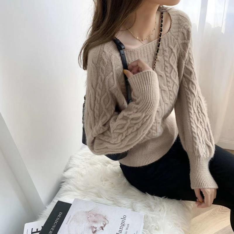 Gentle Wind Loose Outer Wear Square Neck Pullover Sweater Short Knit Top Women All-match Long-sleeved Temperament Short Sweater