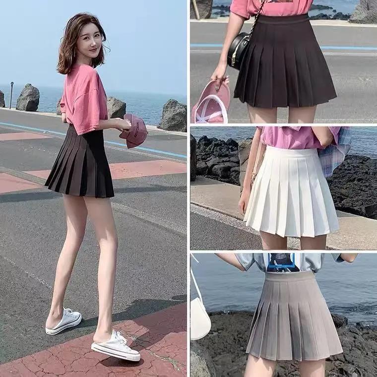 Spring and Summer Fresh Style High-waisted Ladies Anti-glare Pleated Skirt A-line Short Skirt Skirt All-match Solid Color Skirt