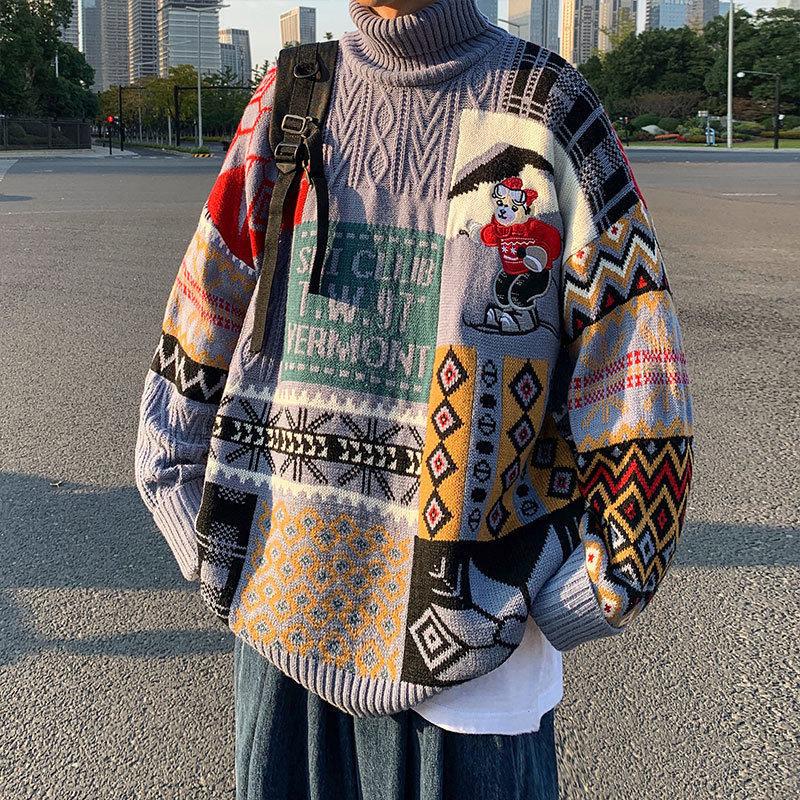 Autumn and Winter Red Warm Sweater Male High Neck Bear Vintage Harajuku Sweater Female BF Lazy Couple Jacket