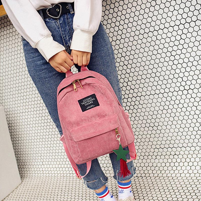 Corduroy Backpack for Women Cute Tassel Student School Bag Casual Knapsack