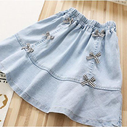 Autumn Spring Summer Casual Girls Summer Thin Denim Skirt Korean Bowknot Short Skirt Pleated Skirt Ruffle Denim Skirt