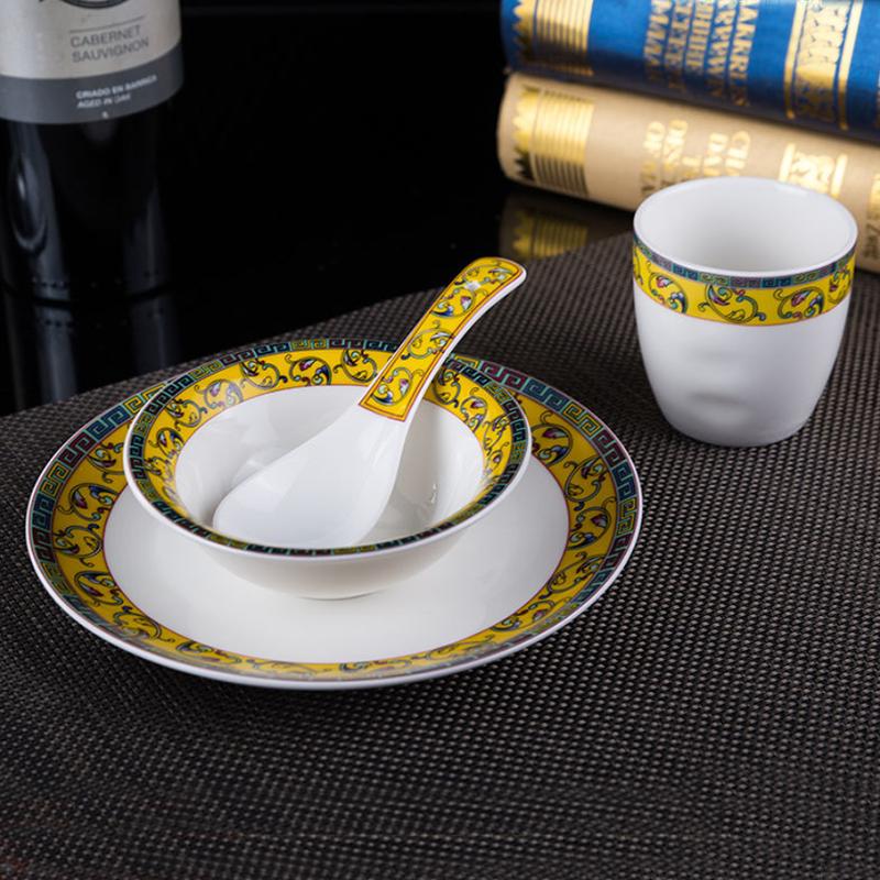 Chinese-style Hotel Tableware Four-piece Set of Bone Dish Fin Bowl Teacup Spoon Landscape Painting Ceramic Tableware