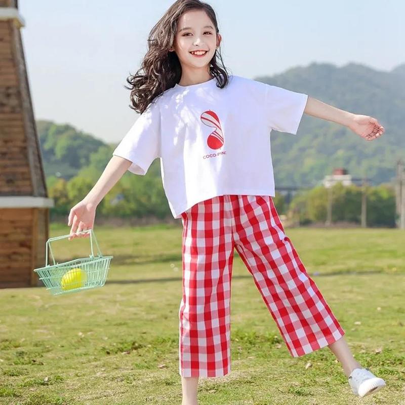 Girls' Summer Suits Big Children's Round Neck Short-sleeved Tops Girls Cotton and Linen Fashion Net Red Two-piece Suit