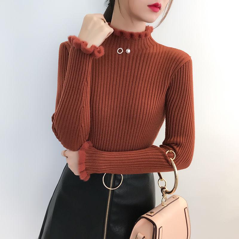 Winter Plus Velvet Thick Sweater Bottoming Shirt Women's Solid Color Slim Thin Warm Sweater Women