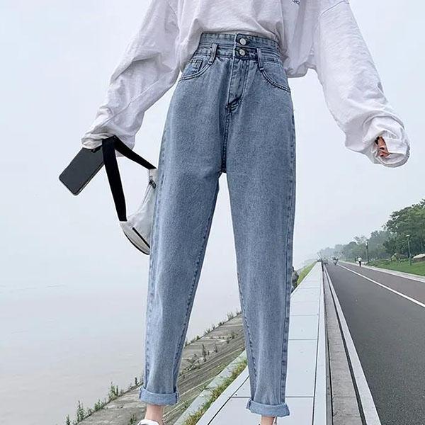 Women's Loose Large Size Streetwear Haren Pants Solid Color Jeans High Waist Slim Versatile Long Straight Pants