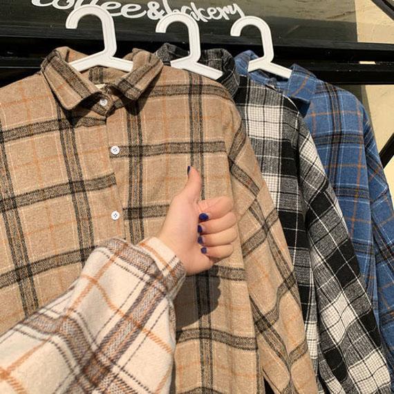 Women Large Size Blouses Turn-down Collar Spring and Autumn Plaid Shirts Batwing-sleeve Loose Outwear 4 Colors Chic Shirts