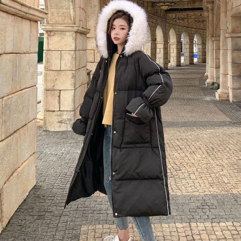 Ladies Down Jacket Winter Fashion Big Fur Collar Hooded Jacket Thick and Cotton Warm Mid-length Jacket