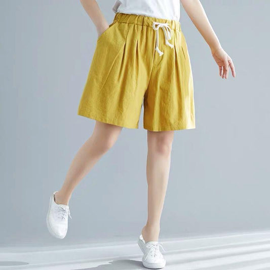 Cotton Shorts Women Loose High Waist Wide Leg Summer Straight Casual Cool Comfortable Elastic Waist Big Pocket Pure Color Simplicity