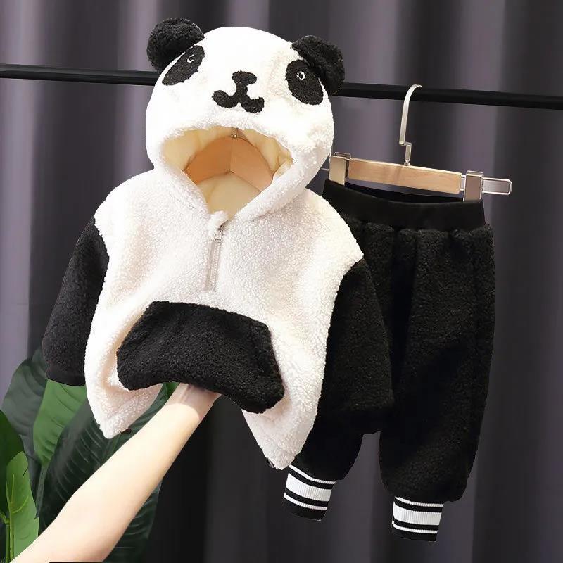 Children's Plush Suit Boys and Girls Winter Cartoon Panda Print Warm Suit Kangaroo Pocket Two-piece Suit