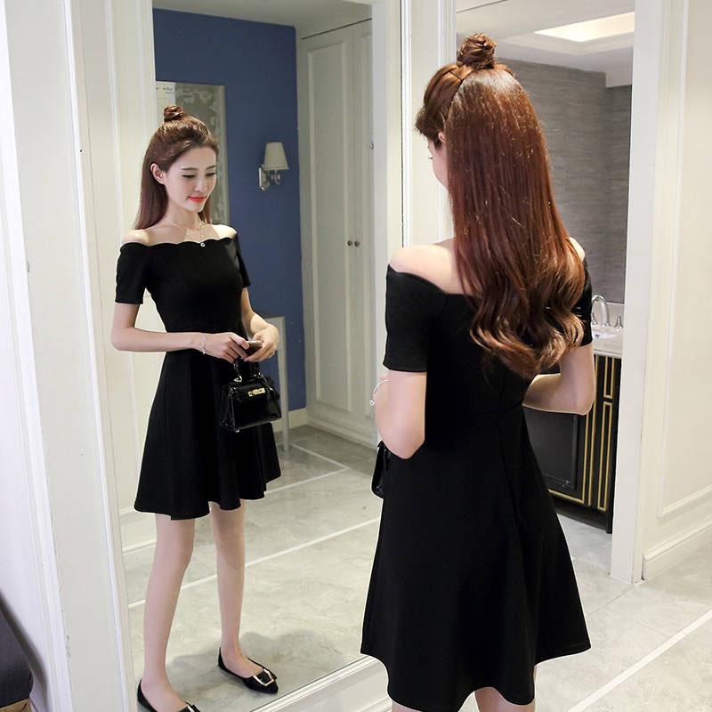 Pofulove Sexy Off-Shoulder Dress slim Black Evening Dress Strapless dress above knee A-line dress