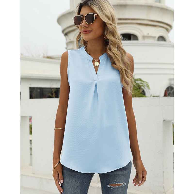 European and American Shirt Women's Spring and Summer Solid Color Chiffon Shirt Loose V-neck Pullover Sleeveless Top Vest