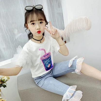 Girls Animal Print T Shirt Girl Tee Clothes Children Loose Sequins Cartoon Top for 3 4 5 6 7 8 Years Korean Kids Birthday Wear