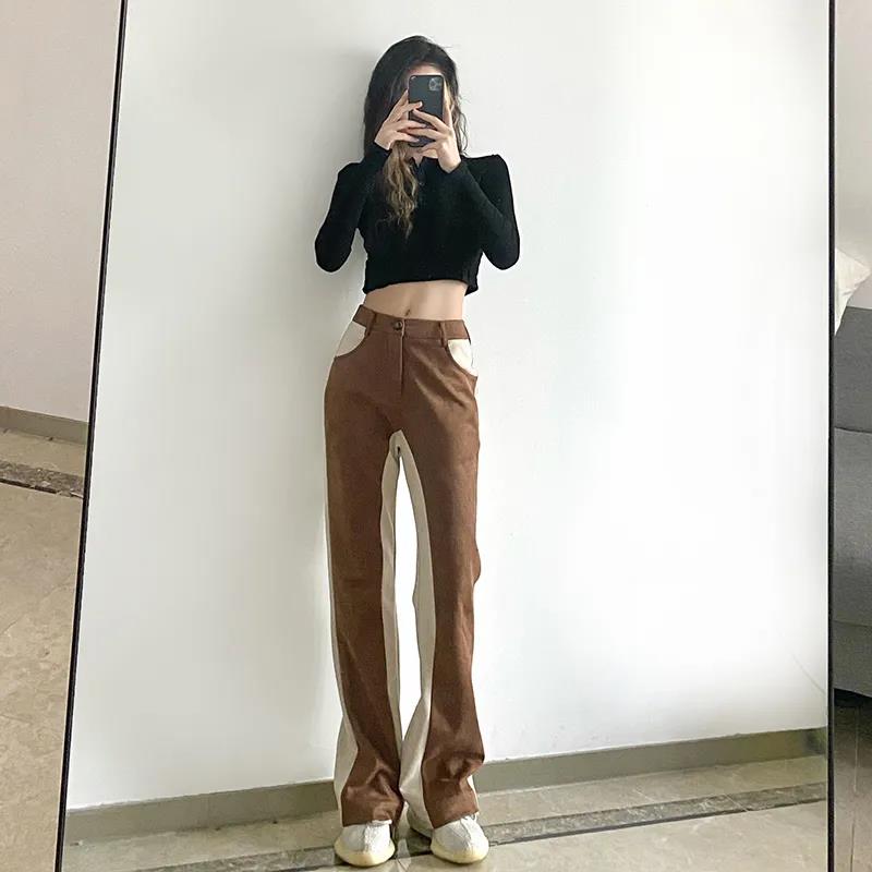 American Retro Wind Strike Color Splicing High Waist Casual Trousers Female Autumn and Winter Loose Straight Jeans Thin Wild