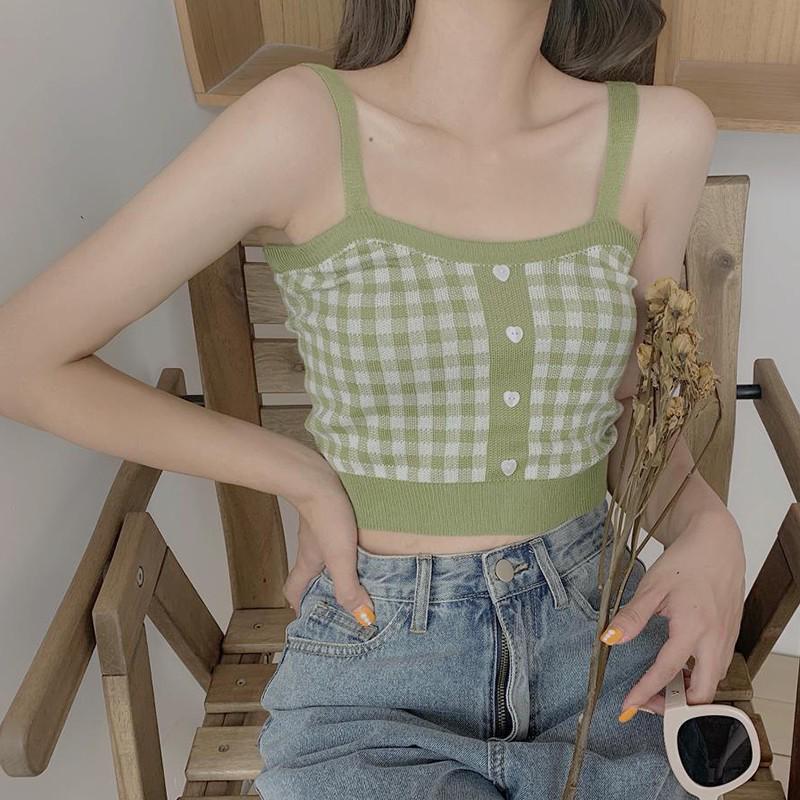 Retro Sweet Plaid Pattern Knit Camisole Cotton Sexy Slim Women's Bottoming Crop Top