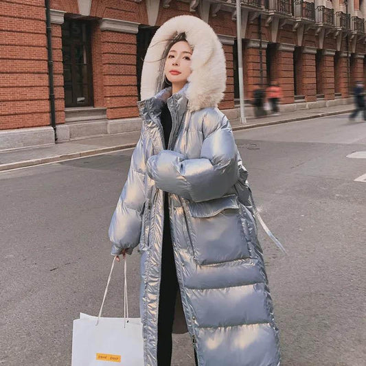 Disposable Bright Face Down Padded Jacket Women's Mid-length Over-the-knee Winter Loose and Thick Large Fur Collar Cotton-padded Jacket