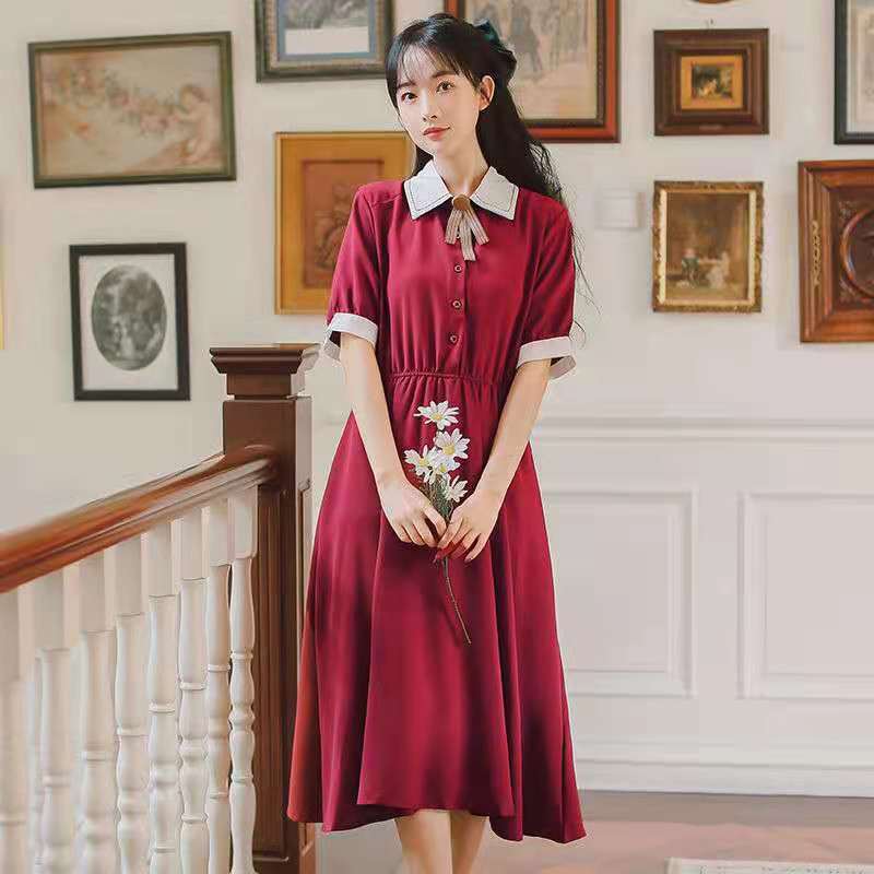 College Style Retro Slim Waist Temperament Dress Female Short-sleeved Mid-length Skirt A-line Skirt Bow Decoration Sweet and Cute