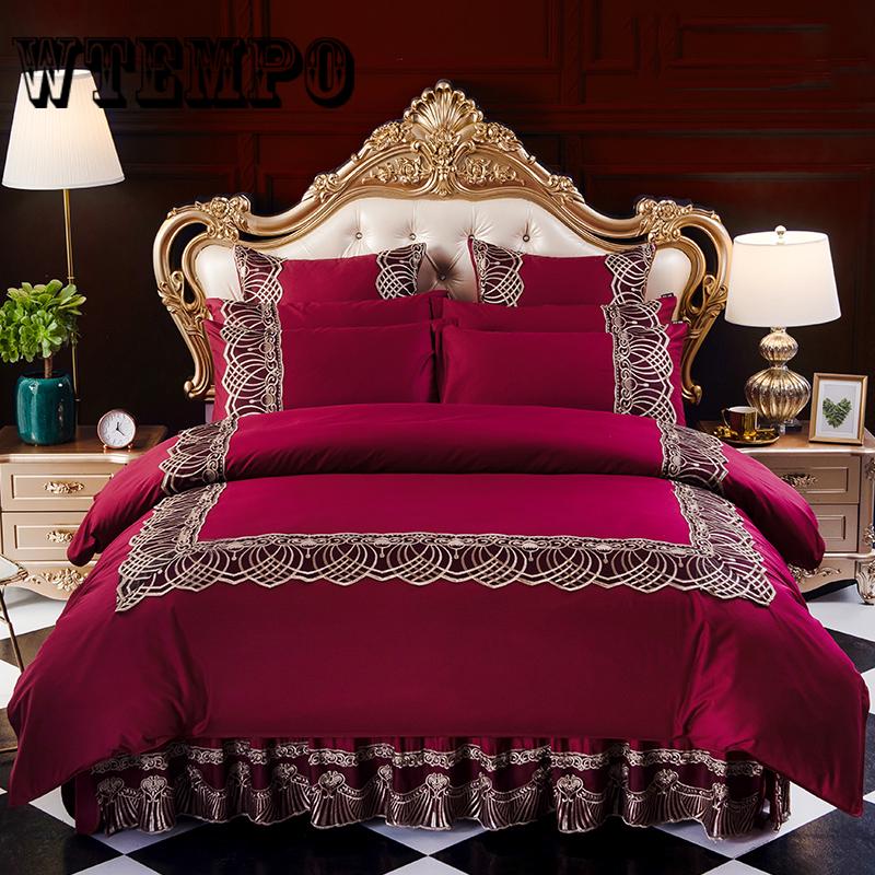 100%Cotton Lace Bed Linen Solid Color Home Textile Bedding Set Quilt Cover Pillowcase Sheet 4pcs/set