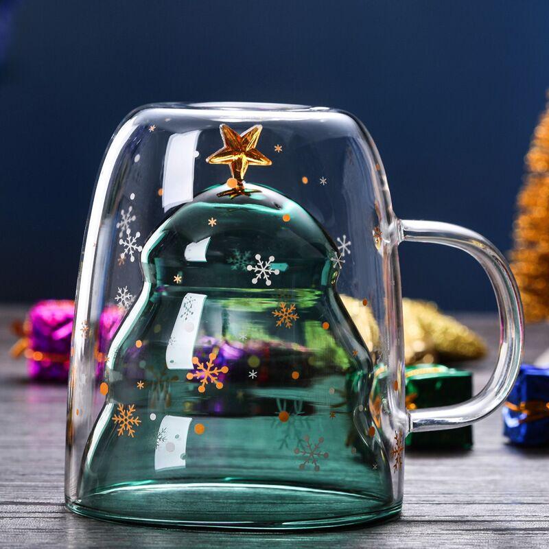 250ML Christmas Mug Creative Glass Mug Christmas Tree Star Cup High Temperature Resistant Mug Double Layer Water Cups Xmas Gifts