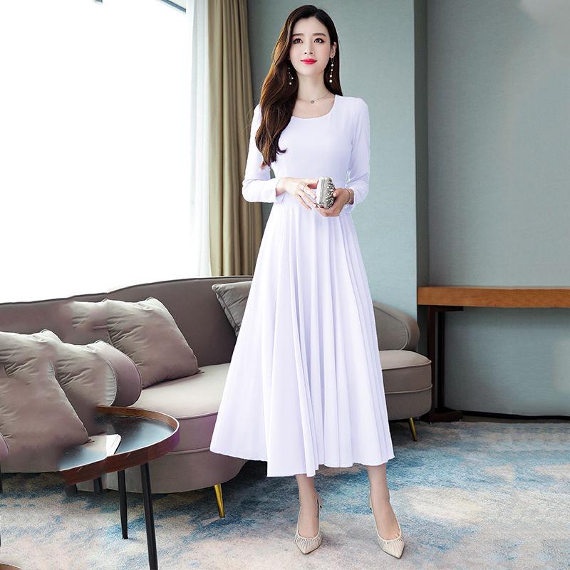 Chiffon large swing dress female long spring and autumn dress plus size long-sleeved slim skirt