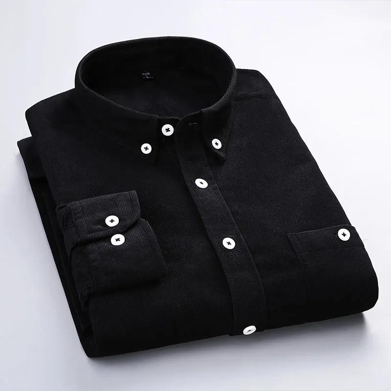 Men's Corduroy Slim Long Sleeve Shirts Solid Color Casual Tops Business Lapel Spring and Autumn Outer Tops