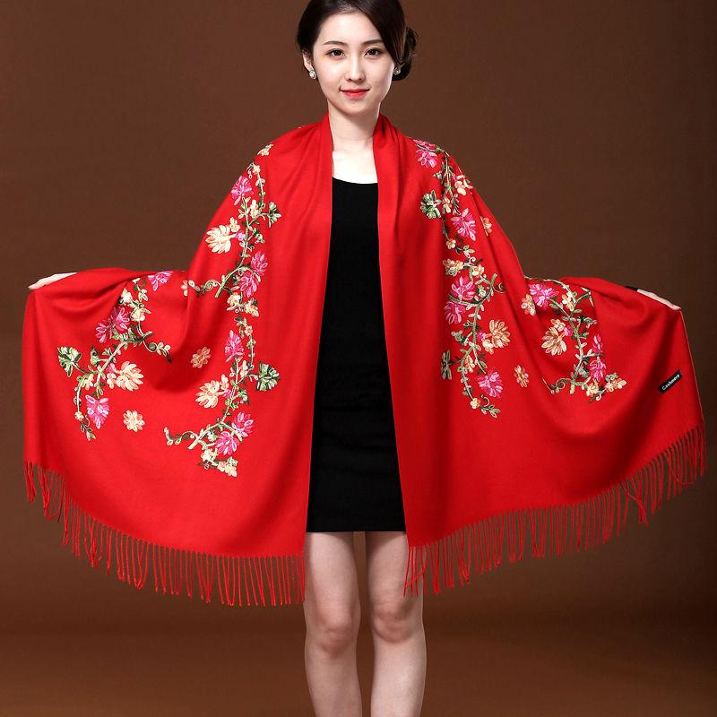 Red Embroidered Scarf Female Ethnic Style Thick Double-sided Warmth Shawl Dual-use Autumn and Winter Wild Long Section