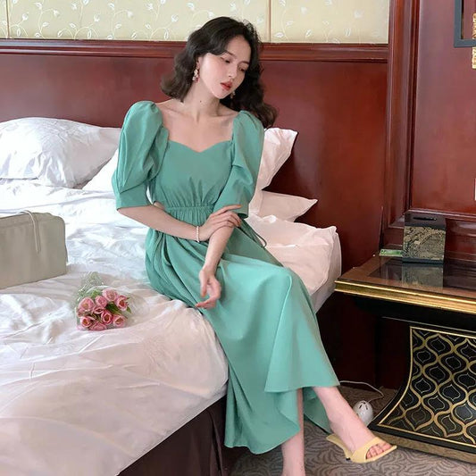 Female Vintage High Waist Super Fairy Holiday Dress Elegant Slim Solid Color Pleated A-line Dress