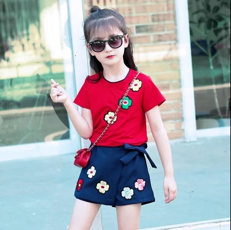 2PCS Children Clothing Set Spring Summer Girls Suits Embroidery Short Sleeve Tops + Pants Clothing Set