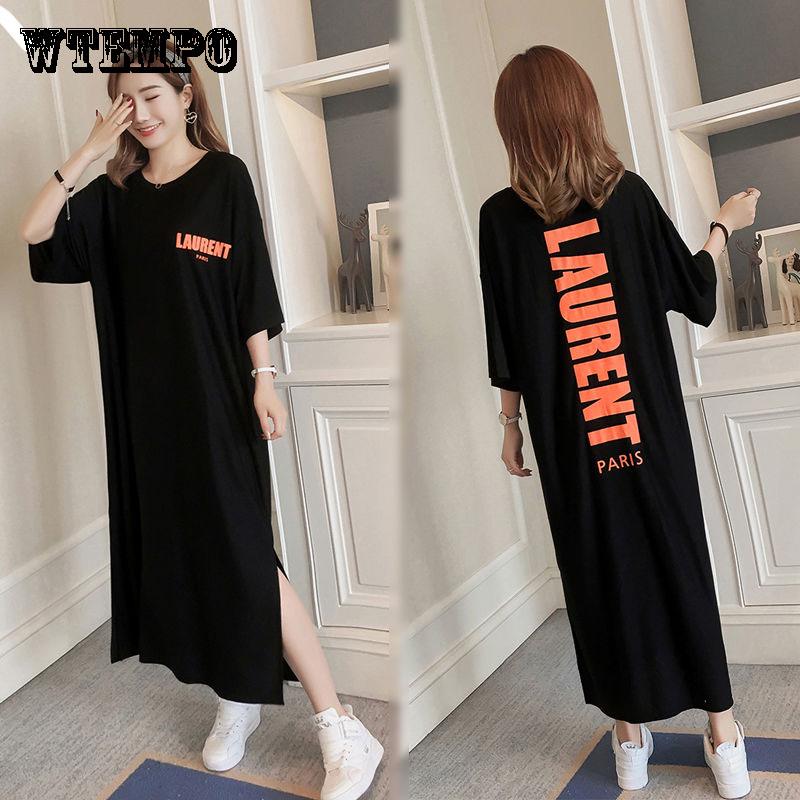 Women Dress Girl Loose O-Neck Batwing Sleeve Cotton Casual T-shirt Dress Long Style Vestido