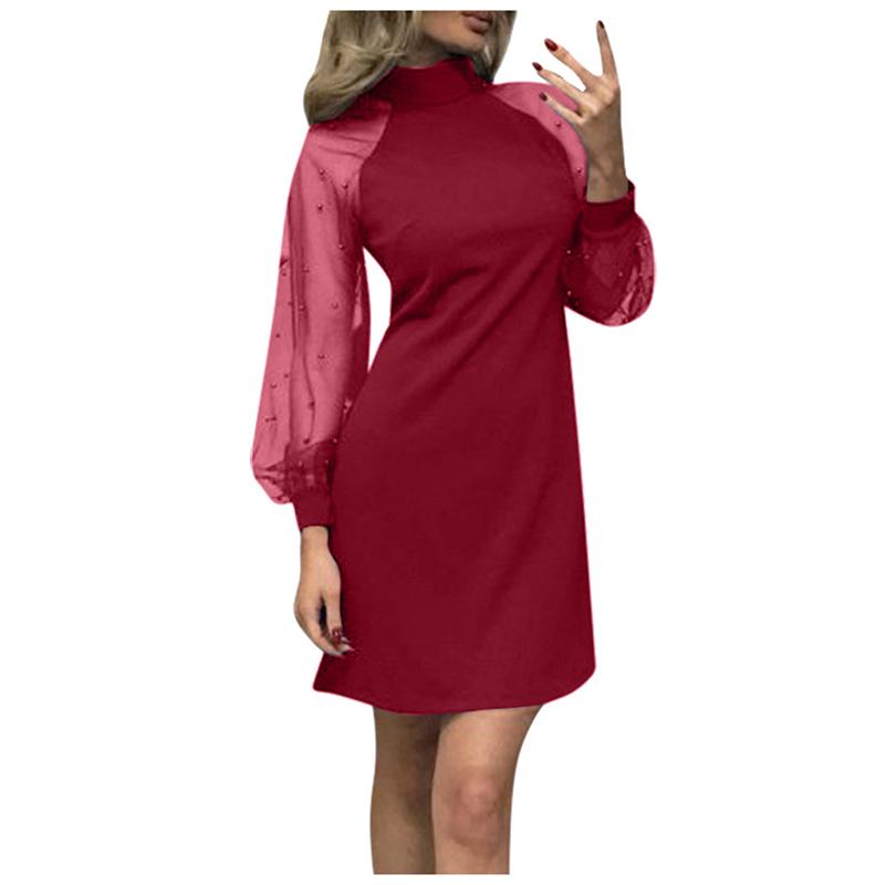 Elegant Womens Dress Pearl Beading Mesh Tunic Dress Long Sleeve A-Line Mini Party Dress