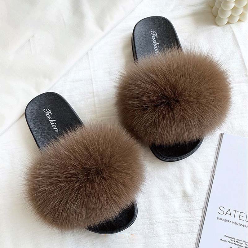 Furry Slippers for Women The Same Style In Summer Fashion Real Fox Fur Slippers Plus Size Female Sandals