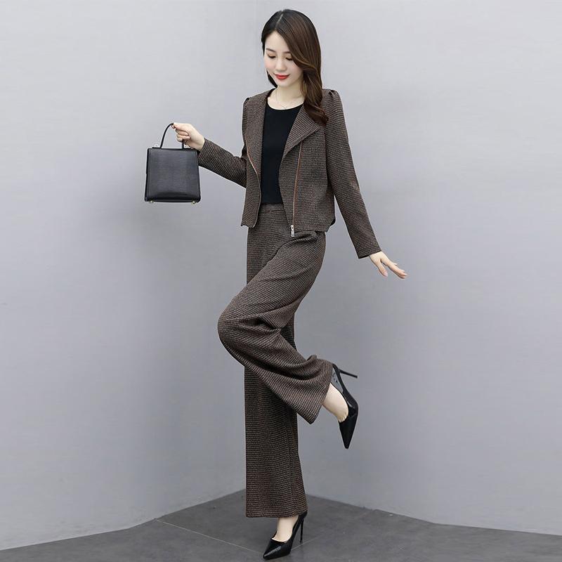 Set Autumn Plaid Trousers Fashion Casual Temperament Houndstooth Short Coat Two-piece Suit Women