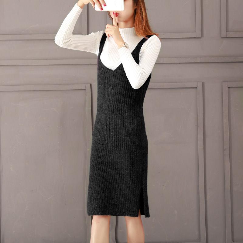 Autumn and Winter Knitted Bottoming Skirt Solid Color Mid-length Simple Suspender Skirt Fashion Slim Female Sweater Dress