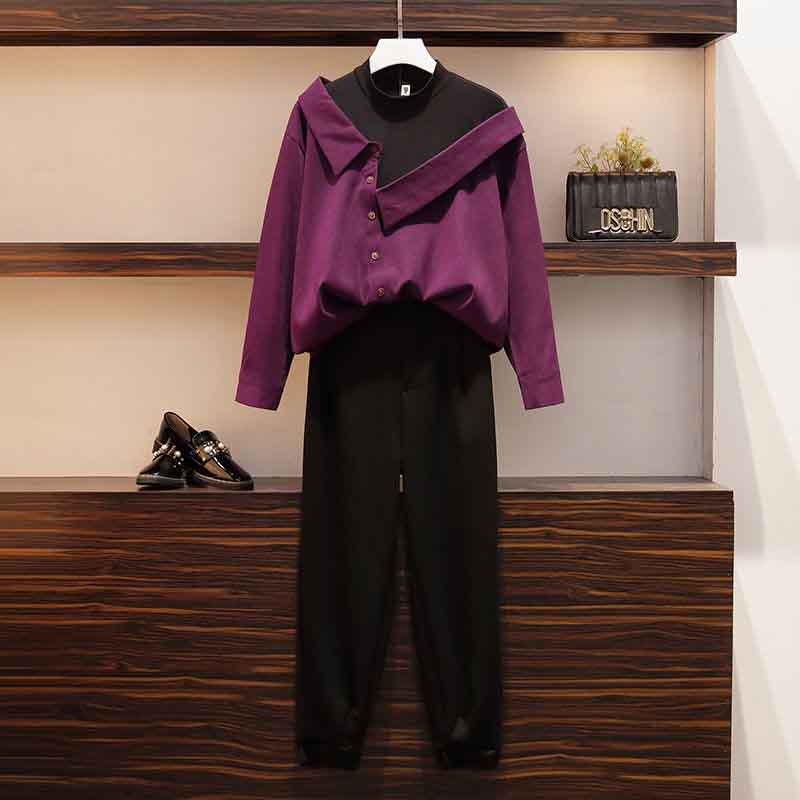 L-4XL Summer Women Pullover Long Sleeve Shirt+long Pants 2pcs Office Lady Stitching Shirt Black Casual Trousers Suits