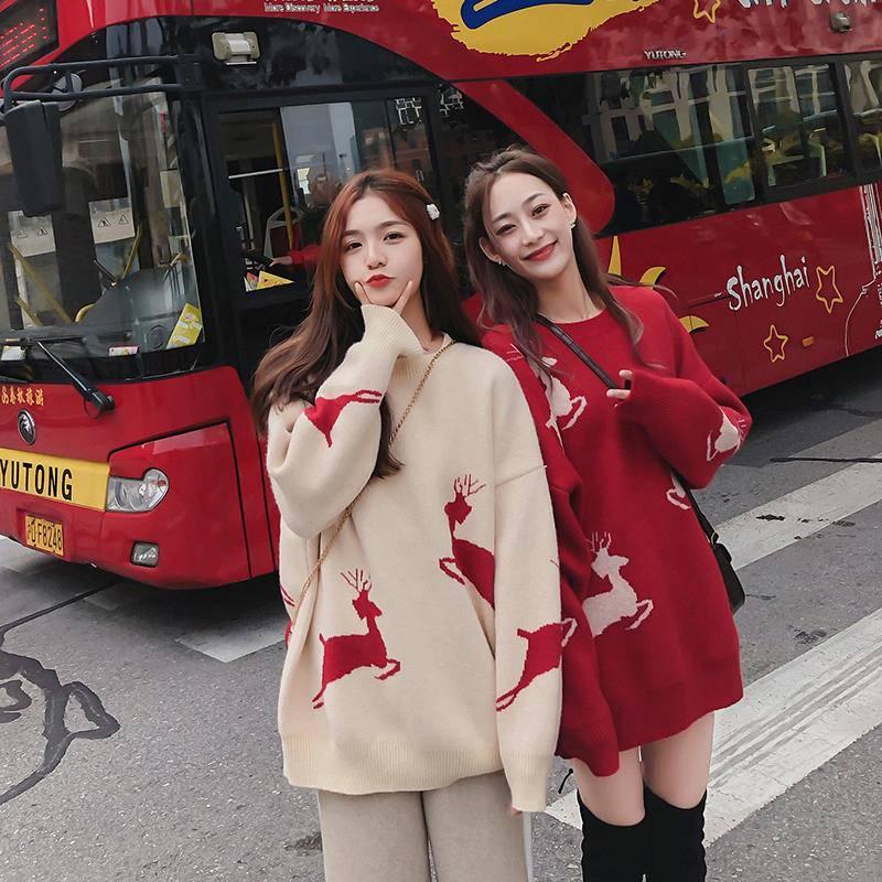 Pofulove Christmas Elk Sweater Women Red Lazy Loose Autumn Winter Thick Long-sleeved Sweater Fashion