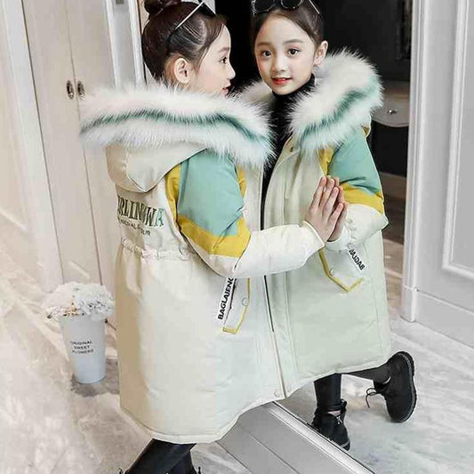 Color-blocking Girls' Cotton-padded Jacket Plus Cotton Thickening Children's Padded Jacket Fashion Girl Mid-length Down Padded Jacket