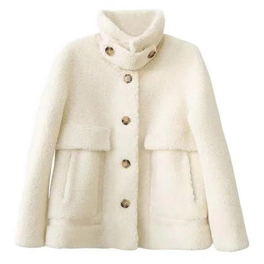 Faux Lamb Wool Coat Women Autumn and Winter All-match Thick Fur Wool One Lamb Wool Ladies Stand-up Collar Warm Loose Jacket