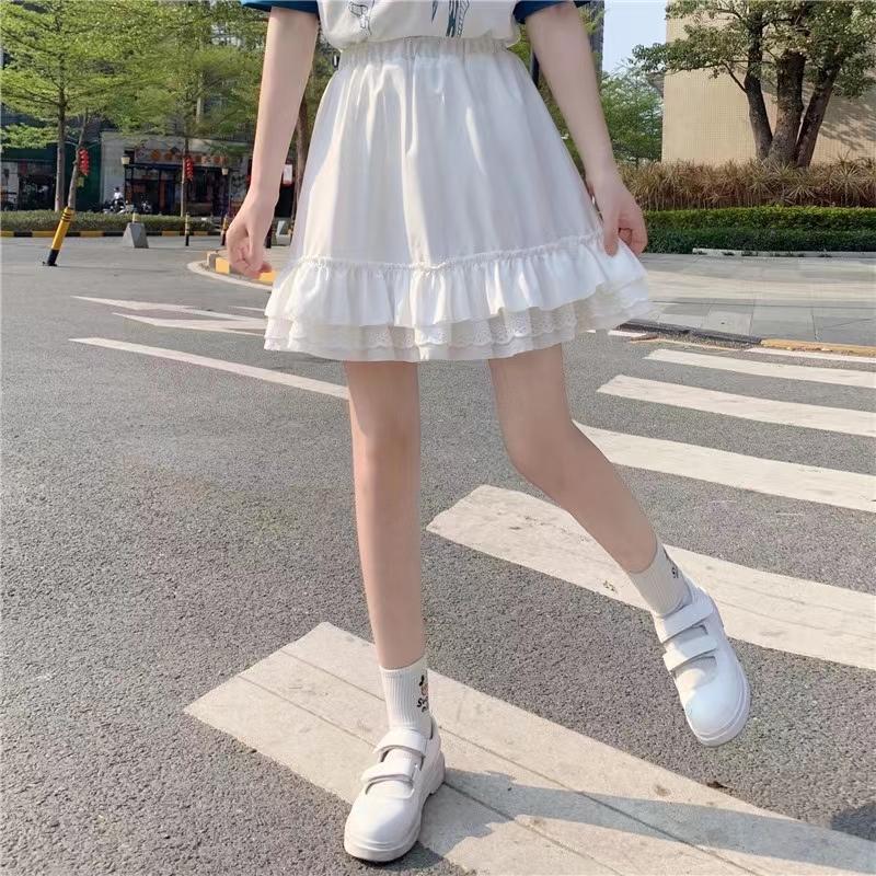 Woman Skirts Summer Casual A-line Skirt Girls JK Mini Skirts Solid Color Elastic High Waist Skirt Loose Lace Ball Gown