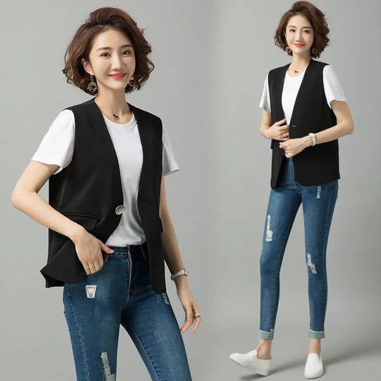 Women's Thin Suit Waistcoat Sleeveless Jacket Ladies Casual Single Button V-neck Short Suit Jacket Straight Vest Women's Suit Vest