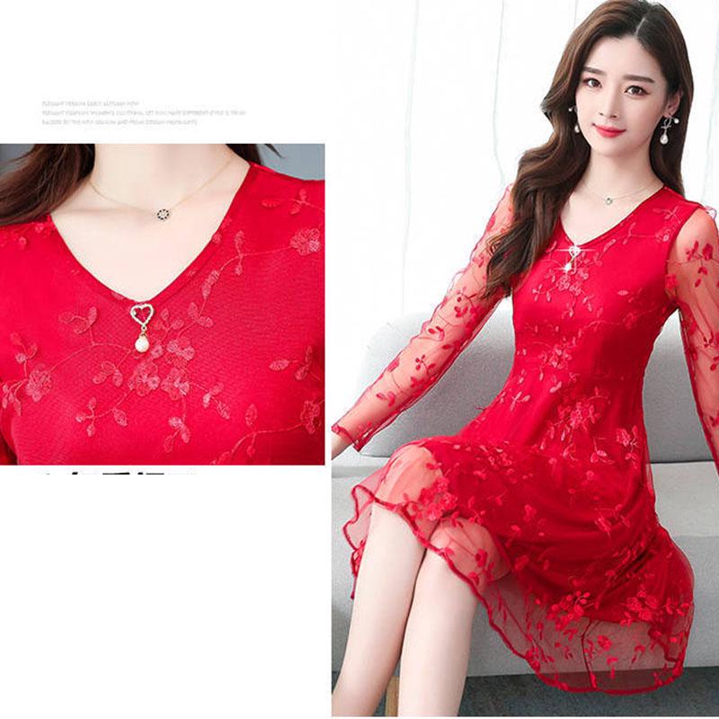 Fashion Sexy Lace Dress Spring Summer Knee-length V-neck Mesh Hollow Full Sleeve Party Dress