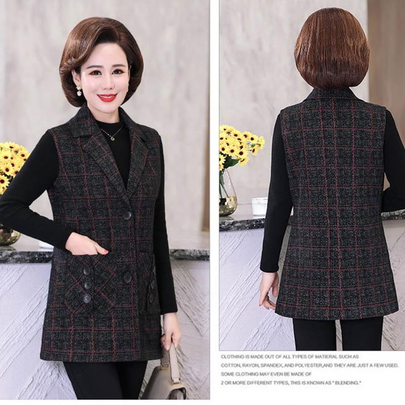 Mom's Autumn Vest Jacket Mid-length Plaid Waistcoat Middle-aged and Elderly Women's Spring and Autumn Woolen Vest