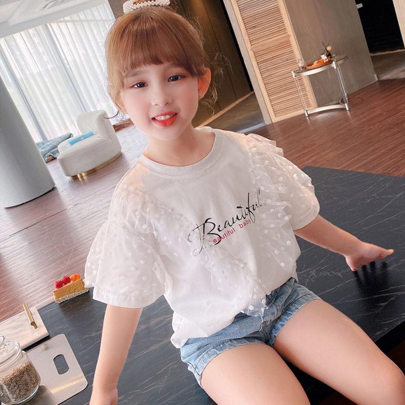 Girls' Summer T Shirt Girls' Printing Yarn Shirt Loose Version 1-8 Years Old Children's Short Sleeve Shirt Dots Folded Ruffles T Shirt