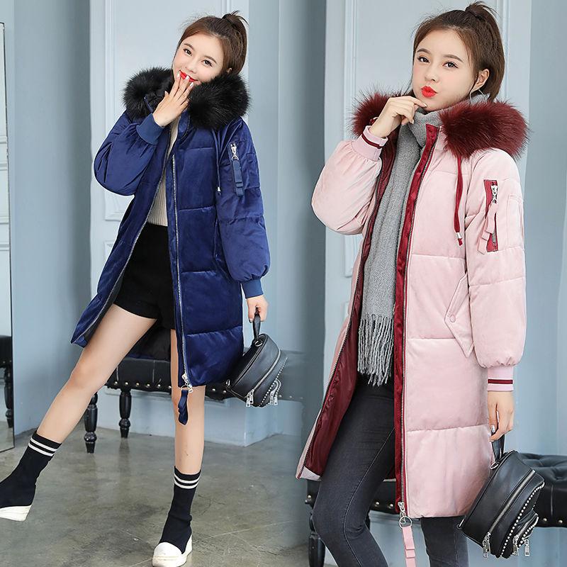 Gold Velvet Winter Korean Style Cotton-padded Jacket Women's Thick Mid-length Bread Large Fur Collar Jacket