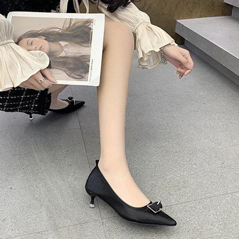 Genuine Leather High-heeled Stiletto All-match Work Women's Shoes Mid-heel Leather Shoes Pointed Toe Non-grinding Single Shoes