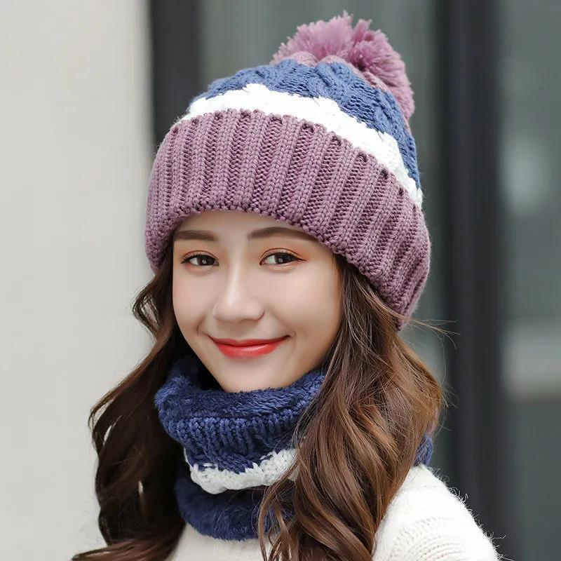 Women's Winter Knitted Hat Korean Style Woolen Cap Plus Velvet Fur Ball Warm Hat Cotton Cap Cycling Cold Proof Cap with Scarf Neck Protection