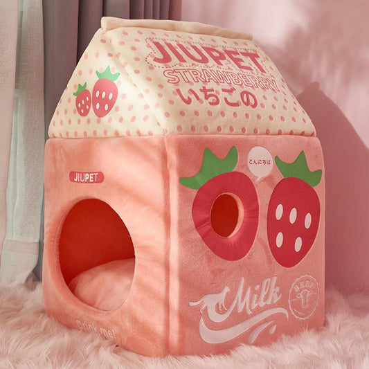 Foldable Cute Pet Cat Bed House Strawberry Banana Milk Box Cat House Winter Warm Plush Soft Cave Cat Kitten Kennel Pet Supplies