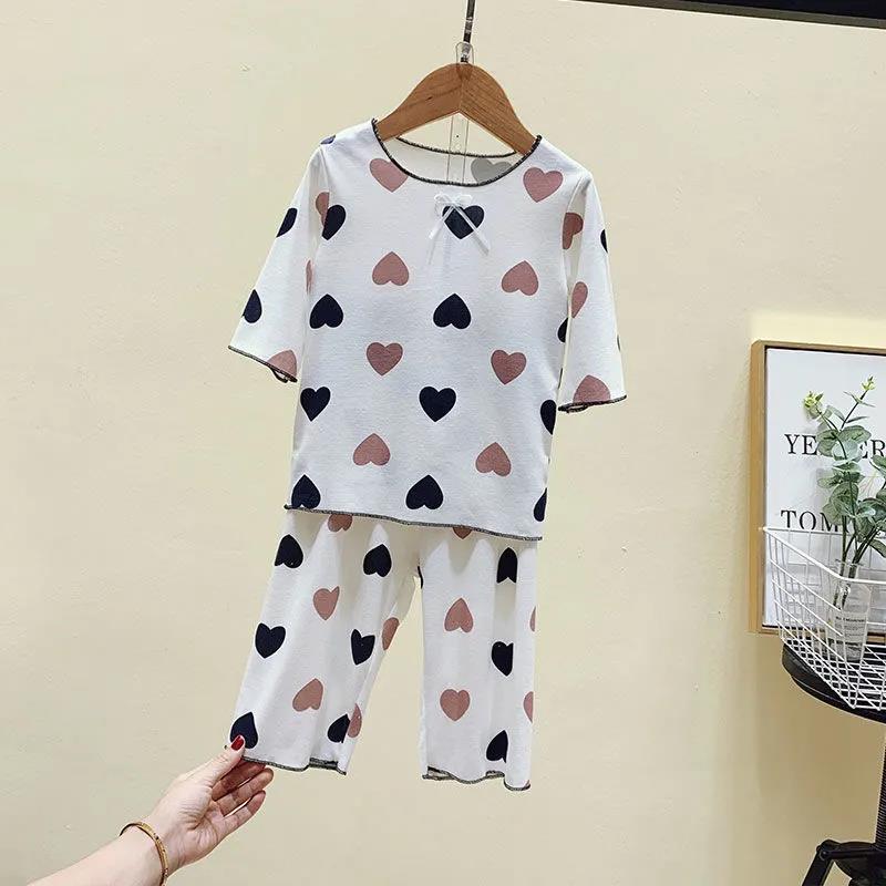 Girls' Spring and Autumn Summer Pajamas Children's Home Clothes Baby Three-quarter Sleeves Two-piece Air-conditioning Suit