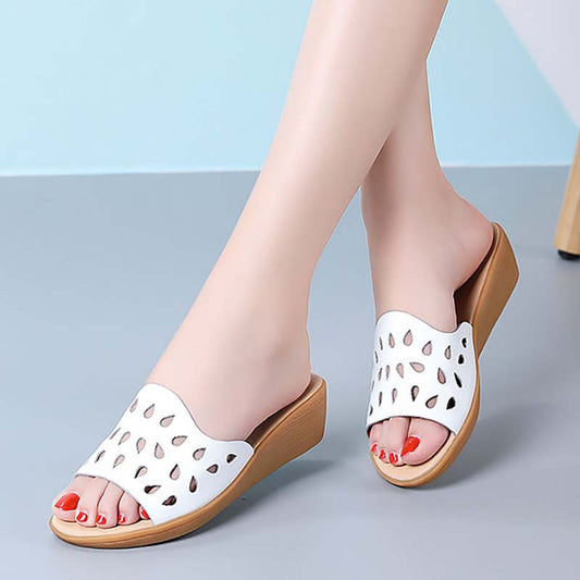 Leather Sandals and Slippers for Women To Wear In Summer Ladies All-match Fashion Slope-heel Mid-heel Soft-soled Non-slip Mother Shoes