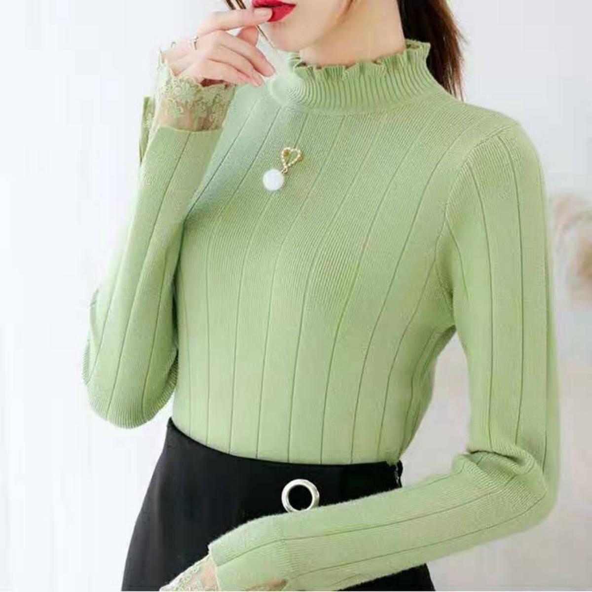 Autumn and Winter Half-high-necked Sweater Lace Inside Slim Long-sleeved Bottoming Shirt